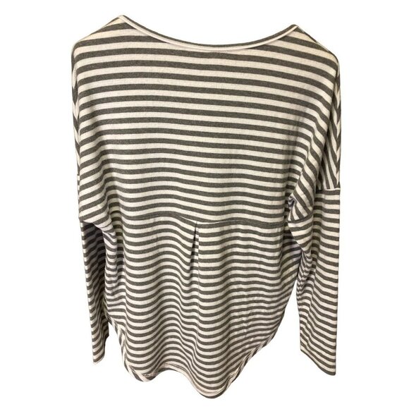 SIMPLE Suzanne Betro Dark Gray White Horizontal Stripe Round Hem V Neck Top - Picture 2 of 9